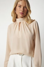 Happiness İstanbul Women's Beige Window Detail Flowy Crepe Blouse