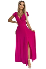 Women's glittery long dress with neckline CRYSTAL - fuchsia