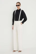 Kalhoty Custommade Pien dámské, béžová barva, jednoduché, high waist, 999825531