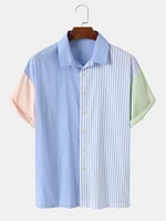 Mens Striped Patchwork Button Up Short Sleeve Shirts
