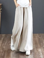 Women Solid Color Elastic Waist Drawstring Wide Leg Pants With Pocket