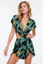 Trendyol Tropical Patterned Beach Bottom and Top Set with Pompoms