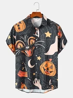 Mens Halloween Cat & Pumpkin Illustration Buttons Short Sleeve Shirts