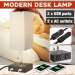 Bedside Table Desk Lamp With 2 USB Charging Ports & 2 AC Outlets Fabric Shade