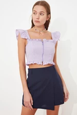 Trendyol Lilac Fitted Zipper Detailed Gingham Crop Woven Blouse