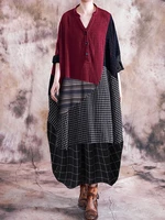 Women Plaid Stripe Patchwork V-Neck Half Button Front Vintage Maxi Dresses