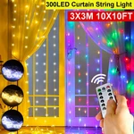 3x3M Waterproof USB 300LED Window Curtain String Light 8 Modes Outdoor Fairy Lamp Home Decor with Hook