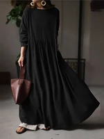 Women Solid Round Neck Cotton Long Sleeve Casual Maxi Dresses With Pocket
