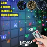 96 LED Butterfly Curtain Lights 8 Modes Fairy Lights String with Remote IP44 Waterproof USB Plug in Twinkle Light for We