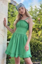 Trend Alaçatı Stili Women's Green Frill Detailed Poplin Woven Dress with Adjustable Straps