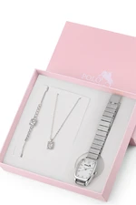 Polo Air Vintage Women's Wristwatch with Zircon Stone Baguette Necklace Bracelet Special Combination Set Silver Color