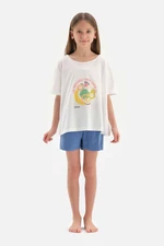 Dagi White Print Detailed Short Sleeve T-shirt, Shorts Pajamas Set.