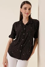 By Saygı Staples Front and Stone Buttons Polo Collar Shirt Black