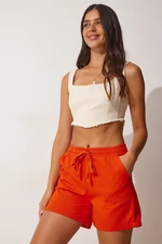 Happiness İstanbul Women's Orange Pocket Linen Gabardine Shorts