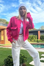 Trend Alaçatı Stili Women's Fuchsia Snap Closure Double Pocket Crop Jacket
