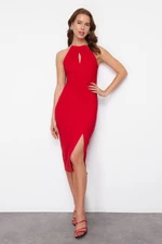 Trendyol Red Fitted Elegant Evening Dress with Woven Accessories