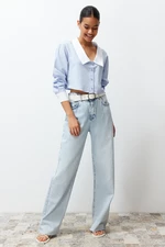 Trendyol Blue Wide Collar Detailed Crop Fitted Woven Shirt