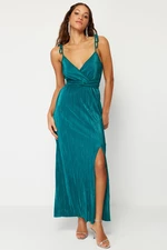 Trendyol Emerald Green Belted Waist Opening/Skater Knitted Lined Pleated Elegant Evening Dress