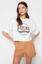 Trendyol White 100% Cotton Printed Relaxed/Wide, Comfortable Cut Crop Crew Neck Knitted T-Shirt