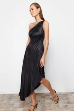 Trendyol Black Asymmetrical Knitted Evening Dress in Satin with Pleat Detail