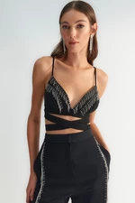 Trendyol X Zeynep Tosun černý bustier s kamennými doplňky