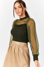 armonika Women's Khaki Sleeve And Lace Top With Frills Front