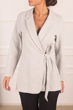 armonika Women's Gray Herringbone Patterned Stamped Jacket with Tie Sides