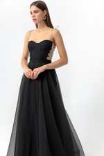Lafaba Women's Black Stone Strap Glittery Glittery, Flare Cut Long Evening Dress