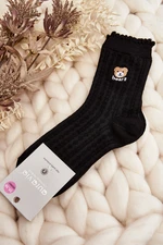 Patterned socks for women with teddy bear, black