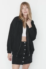 Trendyol Black Zippered Oversized Bomber Denim Jacket