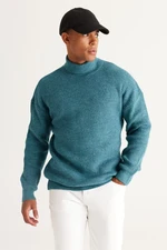 AC&Co / Altınyıldız Classics Men's Petrol Oversize Loose Fit Full Turtleneck Patterned Raised Soft Textured Knitwear Sweater