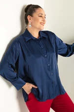 Lafaba Women's Navy Blue Plus Size Satin Shirt