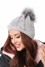 Winter cap with pompom, light gray with rose