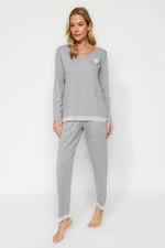 Trendyol Grey Heart Vyšívané čipky detailné bavlnené tričko-nohavice Pletené pyžamo