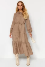Trendyol Light Brown Lace-Up Dress with Tiered Skirt