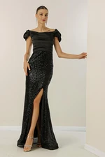 By Saygı Madonna Collar Dropped Plumper Sleeves Front Draped Top Satin Bottom Puffy Long Dress