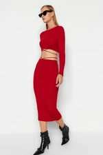 Trendyol Red Super Crop With Tie Detailed Skirt, Sweater Top-Upper Set