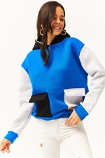 Olalook Women's Saxe Blue Gray Color Block Fleece Inner Sweatshirt