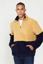 AC&Co / Altınyıldız Classics Men's Mustard-navy blue Standard Fit Stand-Up Bato Collar Kangaroo Pocket Double Color Sherpa Fleece Sweatshirt