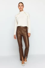 Trendyol Brown Shiny Surface Faux Leather Slit High Waist Trousers