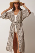 Happiness İstanbul Women's Beige Patterned Belted Linen Kimono