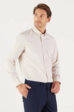 AC&Co / Altınyıldız Classics Men's Beige Slim Fit Slim-fit Oxford Buttoned Collar Gingham Cotton Shirt