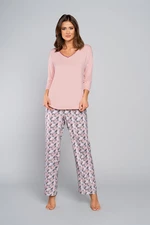 Women's bamboo pyjamas, 3/4 sleeve, long legs - powder pink/print