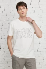 ALTINYILDIZ CLASSICS Men's Ecru Slim Fit Narrow Cut Crew Neck Cotton Printed T-Shirt