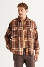 AC&Co / Altınyıldız Classics Men's Mink-brown Oversize Loose Cut Button Collar Plaid Winter Shirt Jacket
