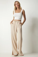 Happiness İstanbul Women's Cream Pleated Slit Tracksuit Pants