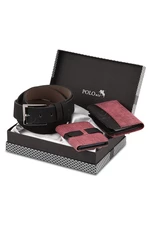 Polo Air Boxed Sports Claret Red Men's Wallet Belt Card Holder Set -
