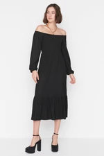 Trendyol Black Printed Ribbed Carmen Collar Knitted Dress