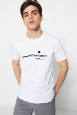 Trendyol White Men's Slim Crewneck Short Sleeve Text Printed 100% Cotton T-Shirt.