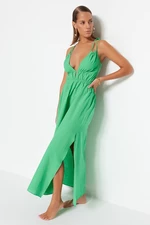 Trendyol zelené maxi tkané rozparkové 100% bavlněné plážové šaty
